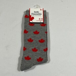 Greenbrier International Canada Crew Socks Mens 6-12 Grey Red Maple Leaf Pattern